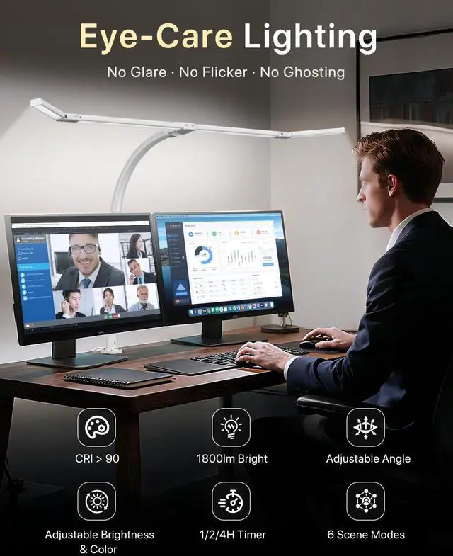 Alt view image 5 of 7 - 42" LED Desk Lamp with Clamp, Architect Desk Light with Remote, Adjustable 4-Segment Bar, 1800LM Bright, Eye-Caring Desk Lamp for Home Office, Reading, Study, Dual Monitors, Workbench (White)