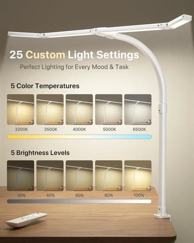 Alt view image 6 of 7 - 42" LED Desk Lamp with Clamp, Architect Desk Light with Remote, Adjustable 4-Segment Bar, 1800LM Bright, Eye-Caring Desk Lamp for Home Office, Reading, Study, Dual Monitors, Workbench (White)