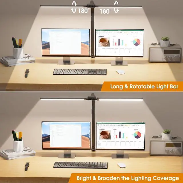 Alt view image 2 of 7 - LED Desk Lamp for Home Office - Eye-Caring Computer Desk Light with Clamp, Rotatable Computer Lighting with Color Changing, Dimmable Monitor Table Lamp with Gooseneck, Double Head, Black