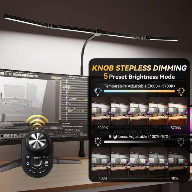 Alt view image 2 of 7 - Adjustable LED Desk Lamp Stepless Dimming & Color Temp Remote Control, Eye-Caring 4 Large Bright Light Souce for Home Office, Gooseneck, Clamp Base, 5 Lighting Modes for Reading, Computer, DIY