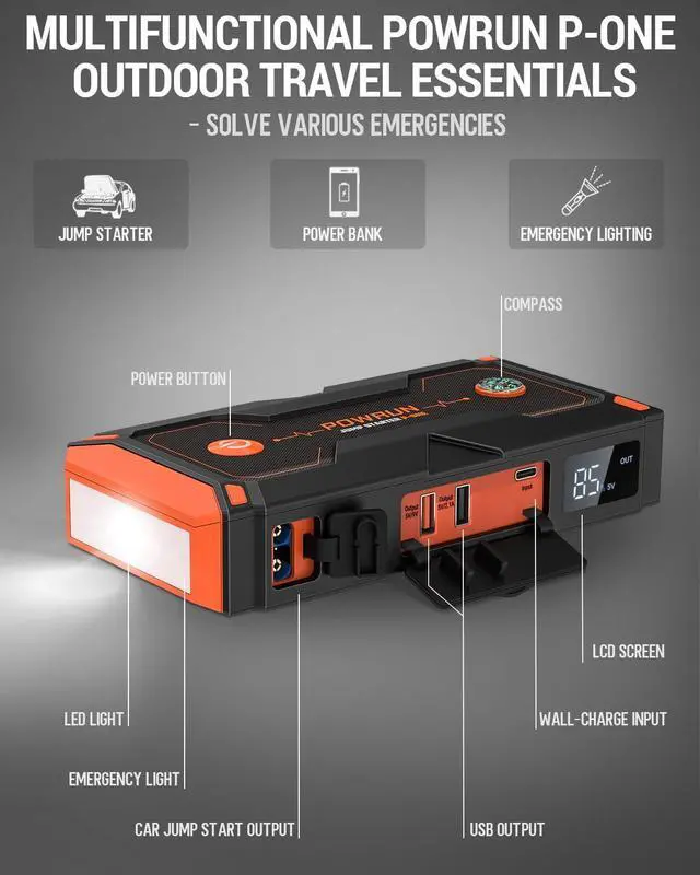 Alt view image 6 of 7 - Powrun P-ONE Jump Starter, 2000A Portable Jump Box - Car Jump Starter Battery Pack for up to 8.0L Gas and 6.5L Diesel Engines, 12V Battery Jump Starter with Carry Case (Orange)