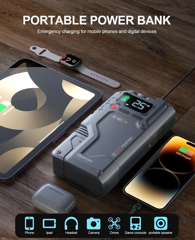 Alt view image 6 of 7 - Featou Jump Starter with Air Compressor, Car Battery Jump Box 6500A Peak Power Pack with 150PSI Digital Tire Inflator, Portable Car Charger Jumper Starter for 10.0L Gas or 8.0L Diesel