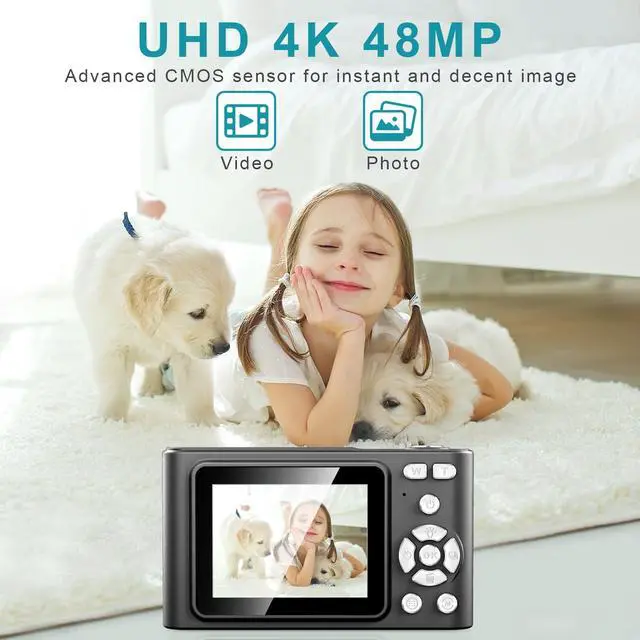 Alt view image 2 of 7 - Digital Camera, Camera for Kids, UHD 4K 48MP Point and Shoot Digital Cameras with 64GB SD Card and 16X Digital Zoom Anti Shake, Compact Portable Small Gift for Boys Girls Students, Black