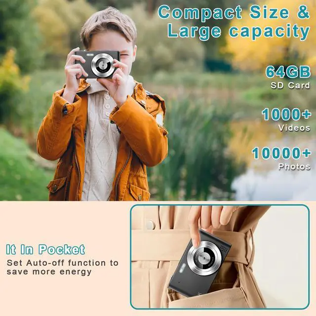 Alt view image 5 of 7 - Digital Camera, Camera for Kids, UHD 4K 48MP Point and Shoot Digital Cameras with 64GB SD Card and 16X Digital Zoom Anti Shake, Compact Portable Small Gift for Boys Girls Students, Black