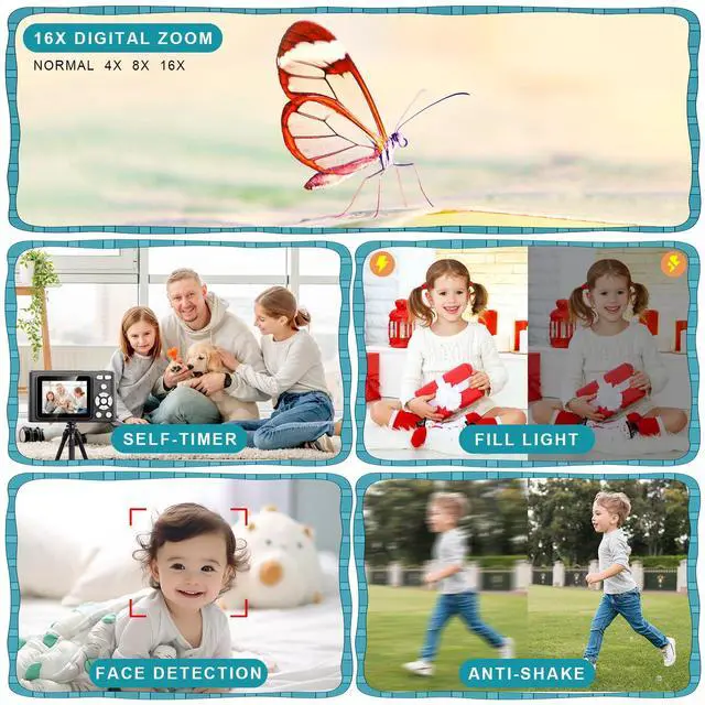 Alt view image 3 of 7 - Digital Camera, Camera for Kids, UHD 4K 48MP Point and Shoot Digital Cameras with 64GB SD Card and 16X Digital Zoom Anti Shake, Compact Portable Small Gift for Boys Girls Students, Black