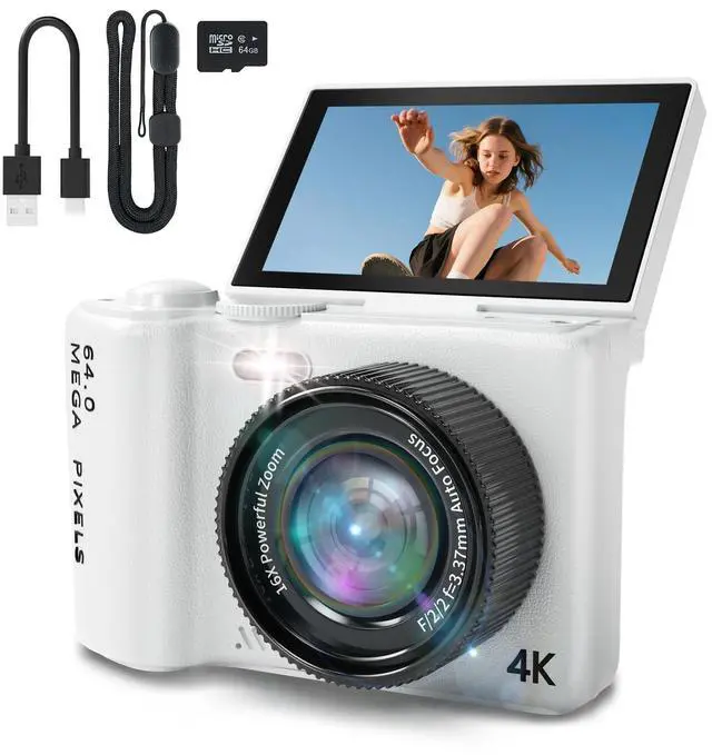 Main image of 16X Zoom 4K Digital Camera for Photography and Video, Point and Shoot Digital Cameras with Flip Screen, Small Digital Camera with Wifi and Bluetooth, Vlogging Camera for Youtube Video Recording(White)