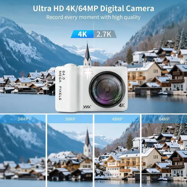 Alt view image 2 of 7 - 16X Zoom 4K Digital Camera for Photography and Video, Point and Shoot Digital Cameras with Flip Screen, Small Digital Camera with Wifi and Bluetooth, Vlogging Camera for Youtube Video Recording(White)