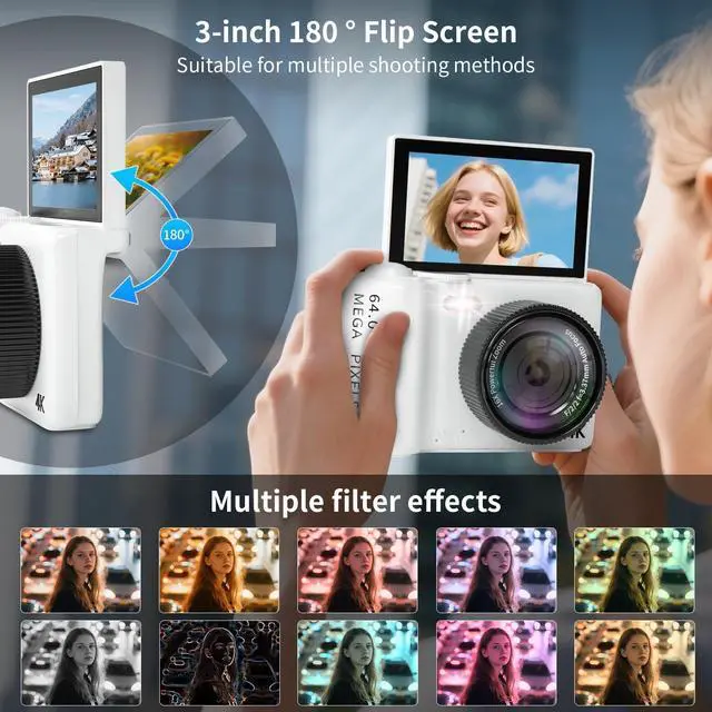 Alt view image 5 of 7 - 16X Zoom 4K Digital Camera for Photography and Video, Point and Shoot Digital Cameras with Flip Screen, Small Digital Camera with Wifi and Bluetooth, Vlogging Camera for Youtube Video Recording(White)