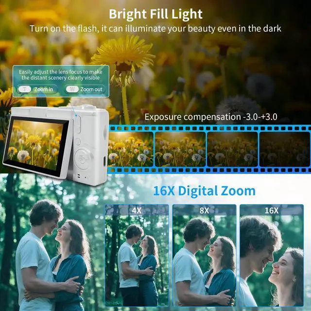 Alt view image 3 of 7 - 16X Zoom 4K Digital Camera for Photography and Video, Point and Shoot Digital Cameras with Flip Screen, Small Digital Camera with Wifi and Bluetooth, Vlogging Camera for Youtube Video Recording(White)