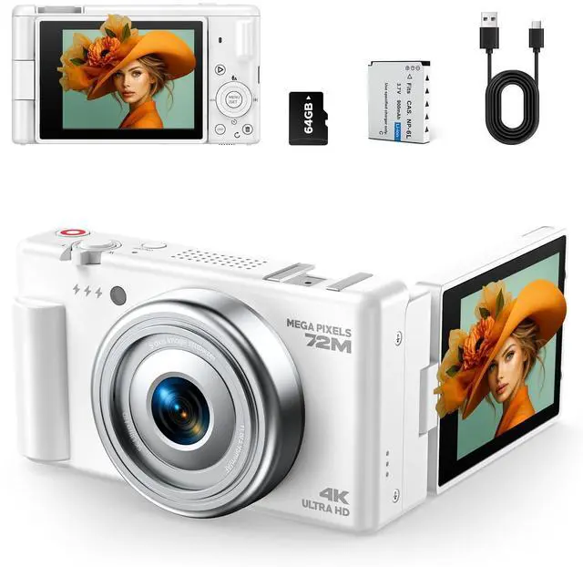Main image of 4K Digital Camera for Photography, 72MP Vlogging Camera for YouTube, Autofocus Digital Cameras with 270° Flip Screen, 18X Digital Zoom Point and Shoot Cameras with 64GB TF Card & Battery, Carry Bag