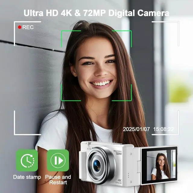 Alt view image 2 of 7 - 4K Digital Camera for Photography, 72MP Vlogging Camera for YouTube, Autofocus Digital Cameras with 270° Flip Screen, 18X Digital Zoom Point and Shoot Cameras with 64GB TF Card & Battery, Carry Bag