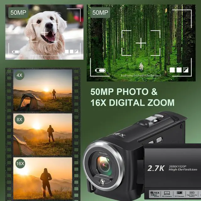 Alt view image 3 of 7 - 2.7K Video Camera Camcorder QHD 50MP YouTube Vlogging Camera 16X Digital Zoom Webcam 270 Degree Rotation Screen Camcorders with 32G SD Card and 2 Batteries Recording While Charging