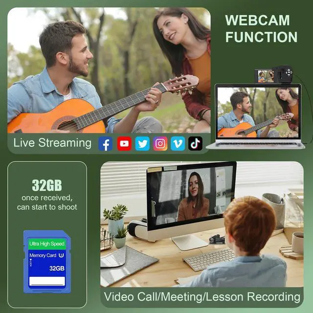 Alt view image 5 of 7 - 2.7K Video Camera Camcorder QHD 50MP YouTube Vlogging Camera 16X Digital Zoom Webcam 270 Degree Rotation Screen Camcorders with 32G SD Card and 2 Batteries Recording While Charging
