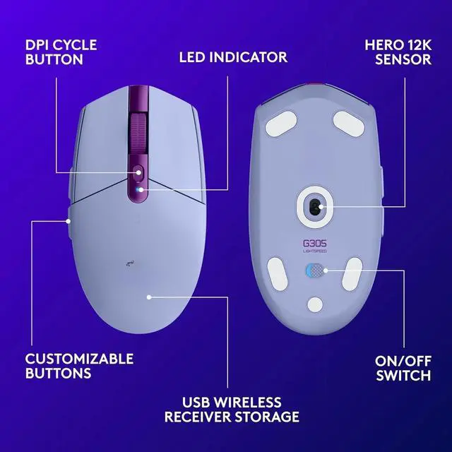 Alt view image 4 of 6 - G305 LIGHTSPEED Wireless Gaming Mouse, Hero 12K Sensor, 12,000 DPI, Lightweight, 6 Programmable Buttons, 250h Battery Life, On-Board Memory, PC/Mac - Lilac