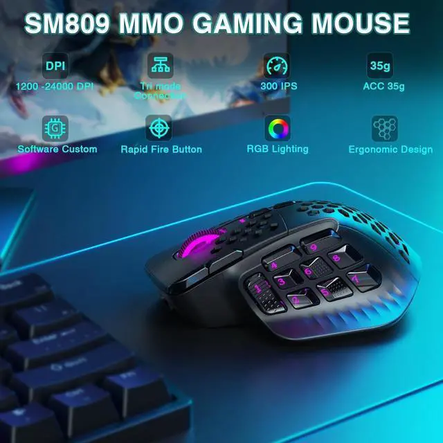 Alt view image 2 of 5 - SM809 Pro Wireless MMO Gaming Mouse with 9 Side Buttons,24000 DPI,Triple Connectivity (2.4G/BT5.0/Wired) RGB MMO Mouse for Gamer,16 Programmable Macros,Up to 350H Battery Life,Black