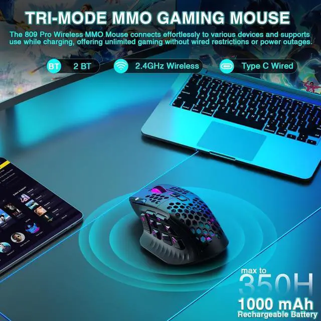 Alt view image 3 of 5 - SM809 Pro Wireless MMO Gaming Mouse with 9 Side Buttons,24000 DPI,Triple Connectivity (2.4G/BT5.0/Wired) RGB MMO Mouse for Gamer,16 Programmable Macros,Up to 350H Battery Life,Black