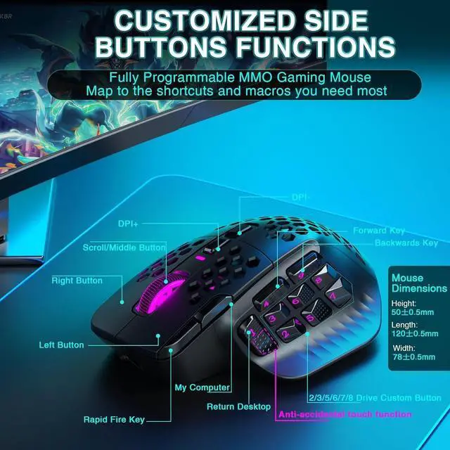 Alt view image 4 of 5 - SM809 Pro Wireless MMO Gaming Mouse with 9 Side Buttons,24000 DPI,Triple Connectivity (2.4G/BT5.0/Wired) RGB MMO Mouse for Gamer,16 Programmable Macros,Up to 350H Battery Life,Black