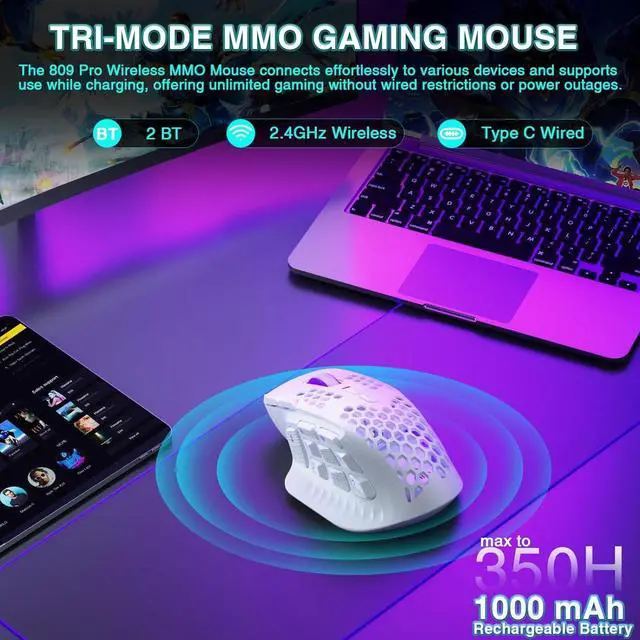 Alt view image 3 of 5 - SM809 Pro Wireless MMO Gaming Mouse with 9 Side Buttons,24000 DPI,Triple Connectivity (2.4G/BT/Wired) RGB MMO Mouse for Gamer,16 Programmable Macros,Up to 350H Battery Life,White