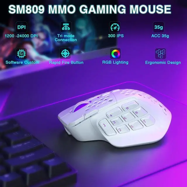 Alt view image 2 of 5 - SM809 Pro Wireless MMO Gaming Mouse with 9 Side Buttons,24000 DPI,Triple Connectivity (2.4G/BT/Wired) RGB MMO Mouse for Gamer,16 Programmable Macros,Up to 350H Battery Life,White