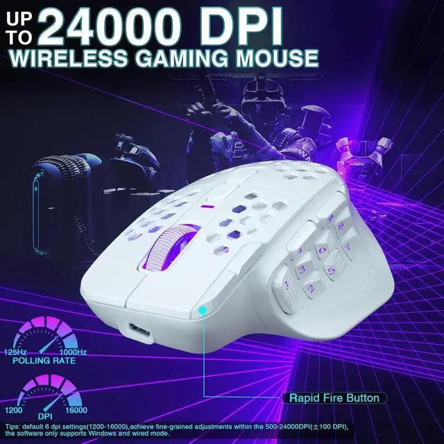Alt view image 5 of 5 - SM809 Pro Wireless MMO Gaming Mouse with 9 Side Buttons,24000 DPI,Triple Connectivity (2.4G/BT/Wired) RGB MMO Mouse for Gamer,16 Programmable Macros,Up to 350H Battery Life,White