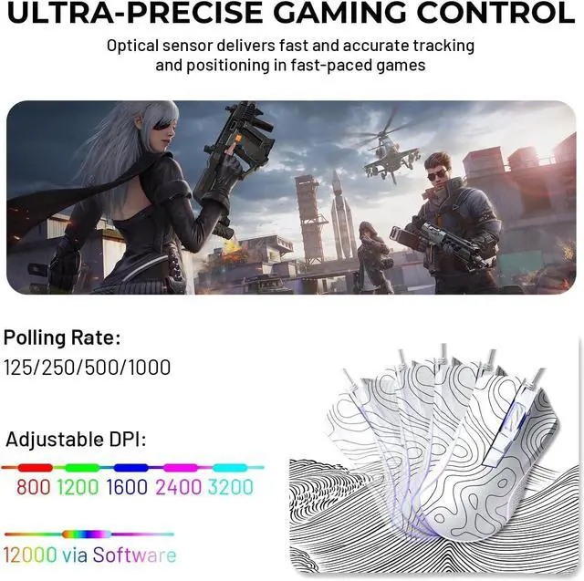 Alt view image 3 of 5 - G705 Wired Gaming Mouse, 12000 DPI RGB Gaming Mouse with 12 Backlit Modes & 7 Macro Buttons, PC Gaming Mice Support DIY Keybinding, Mouse Gamer Computer Mouse for Laptop PC Mac Windows,