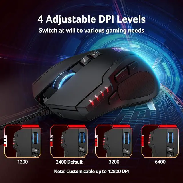 Alt view image 2 of 4 - Wired Gaming Mouse, 12,800 DPI RGB Ergonomic Computer Mouse with Optical Sensor, 8 Programmable Buttons, 12 Backlit Modes, Software for DIY Keybinds, Rapid Fire, USB Gaming Mice for Laptop, PC