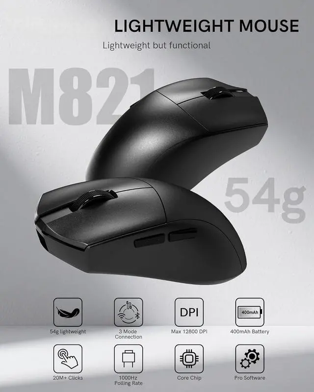 Alt view image 2 of 4 - Wireless Gaming Mouse, 54G Lightweight, Tri-Mode 2.4G/USB C Wired/Bluetooth, Black PC Gaming Mice for Computer Laptop Mac Windows, Max 128000 DPI, 1K Polling, 6 Programmable Buttons, M821
