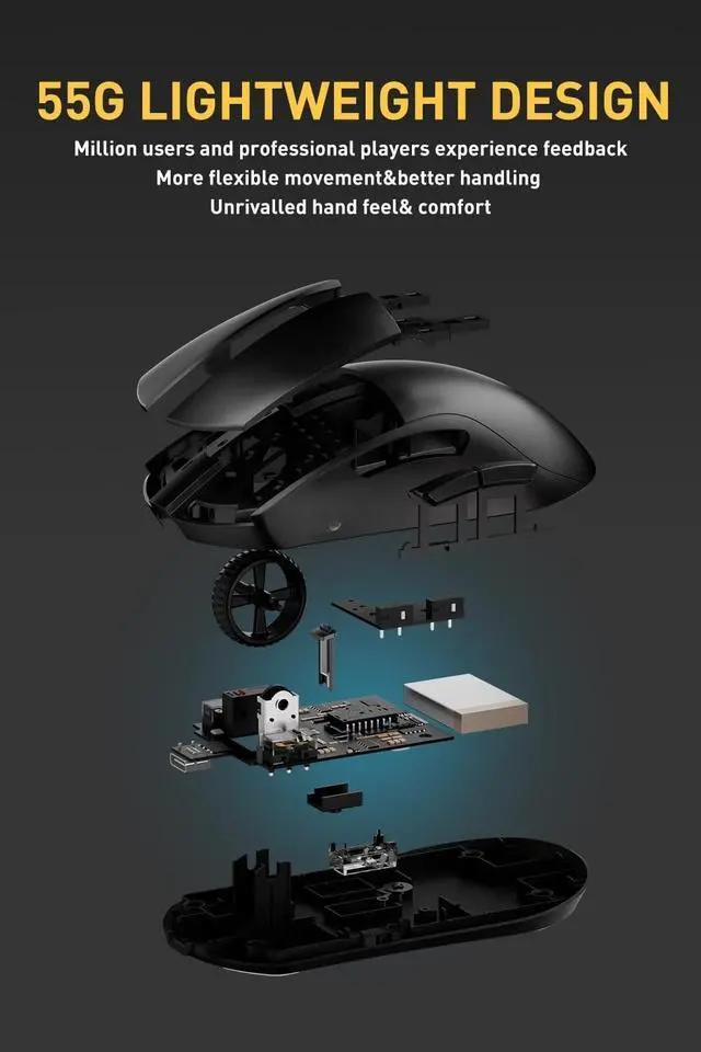 Alt view image 4 of 5 - A950pro 4K Wireless Gaming Mouse:55g Ultra-Lightweight,4KHz Polling Rate,PAW3395 Optical Sensor,26K DPI,5 Programmable Buttons,Support 15min Fast Charging &Tri-Mode Connection (Black)