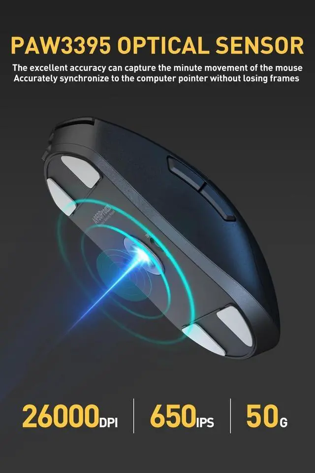 Alt view image 3 of 5 - A950pro 4K Wireless Gaming Mouse:55g Ultra-Lightweight,4KHz Polling Rate,PAW3395 Optical Sensor,26K DPI,5 Programmable Buttons,Support 15min Fast Charging &Tri-Mode Connection (Black)