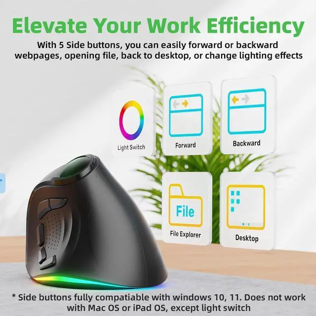 Alt view image 2 of 4 - 2.4G / BT/Wired Tri-Mode RGB Rechargeable G53 Wireless Vertical Ergonomic Mouse, 5 Side Buttons, Max 8400 DPI, for PC Computer Notebook Laptop, for Windows 11 10, Mac, iPad OS, Android - Black