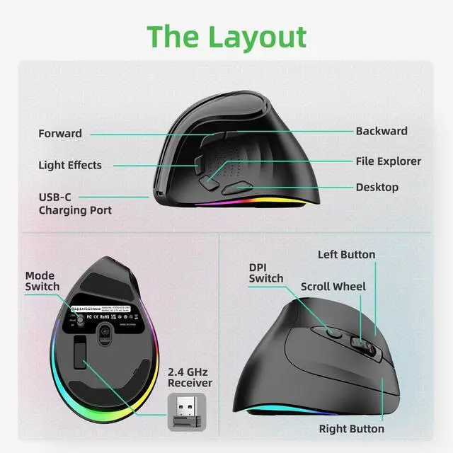 Alt view image 3 of 4 - 2.4G / BT/Wired Tri-Mode RGB Rechargeable G53 Wireless Vertical Ergonomic Mouse, 5 Side Buttons, Max 8400 DPI, for PC Computer Notebook Laptop, for Windows 11 10, Mac, iPad OS, Android - Black