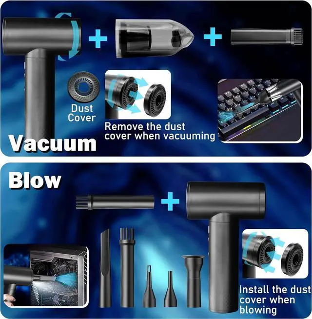 Alt view image 3 of 4 - 2-in-1 Air Duster and Car Vacuum, Portable Cordless Mini Vacuum Cleaner for Keyboard, PC, 7500mAh Fast Charging, Black