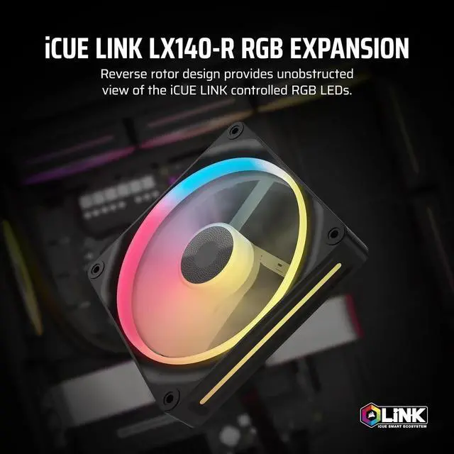 Alt view image 2 of 4 - iCUE Link LX140-R RGB 140mm PWM Reverse Fan Single Fan Low-Noise, Dual Light Loops, QuikTurn Screws, Zero RPM Mode Black