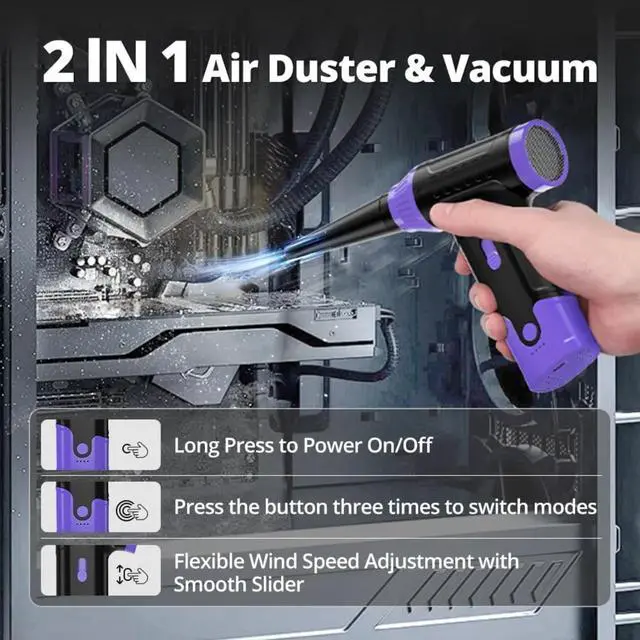 Alt view image 4 of 5 - Compressed Air Duster Keyboard Cleaner - Electric Air Blower Cleaning Kit 150,000 RPM Mini Duster Spray for Dusting PC, Car, and Vacuum (Purple)