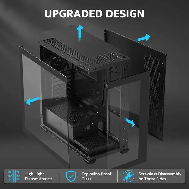 Alt view image 2 of 6 - ATX Mid-Tower PC Case,, Full View Dual Tempered Glass Gaming PC Case, Type C Port, Supports up to 360mm Water Cooling Radiator, Black(DS900)