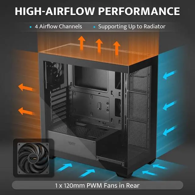 Alt view image 3 of 6 - ATX Mid-Tower PC Case,, Full View Dual Tempered Glass Gaming PC Case, Type C Port, Supports up to 360mm Water Cooling Radiator, Black(DS900)