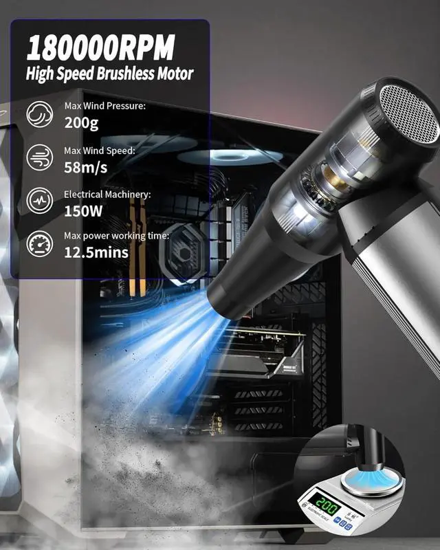 Alt view image 2 of 4 - 180000RPM Super Power Cordless Air Duster with LED Light, 3-Gear Adjustable Fast Charging, Dust Blower for Cleaning Computer, Keyboard