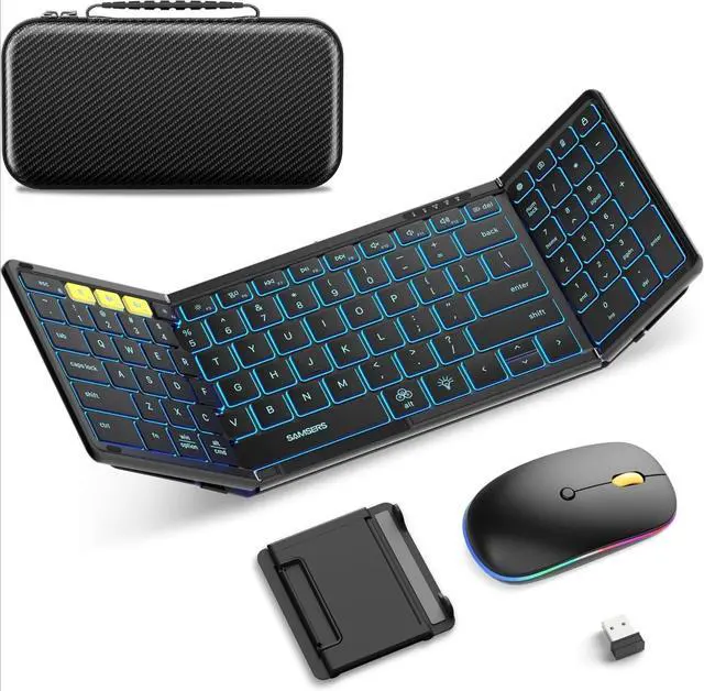 Main image of Folding Bluetooth Keyboard Mouse Combo with Backlight, 2.4G + BT5.0 x 2, Full-Size Travel Keyboard & Portable Wireless Mouse for Windows/Android/iOS/Mac OS, Black