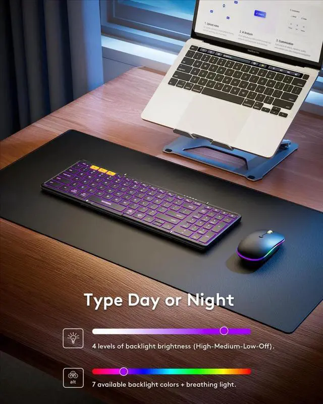 Alt view image 2 of 4 - Folding Bluetooth Keyboard Mouse Combo with Backlight, 2.4G + BT5.0 x 2, Full-Size Travel Keyboard & Portable Wireless Mouse for Windows/Android/iOS/Mac OS, Black