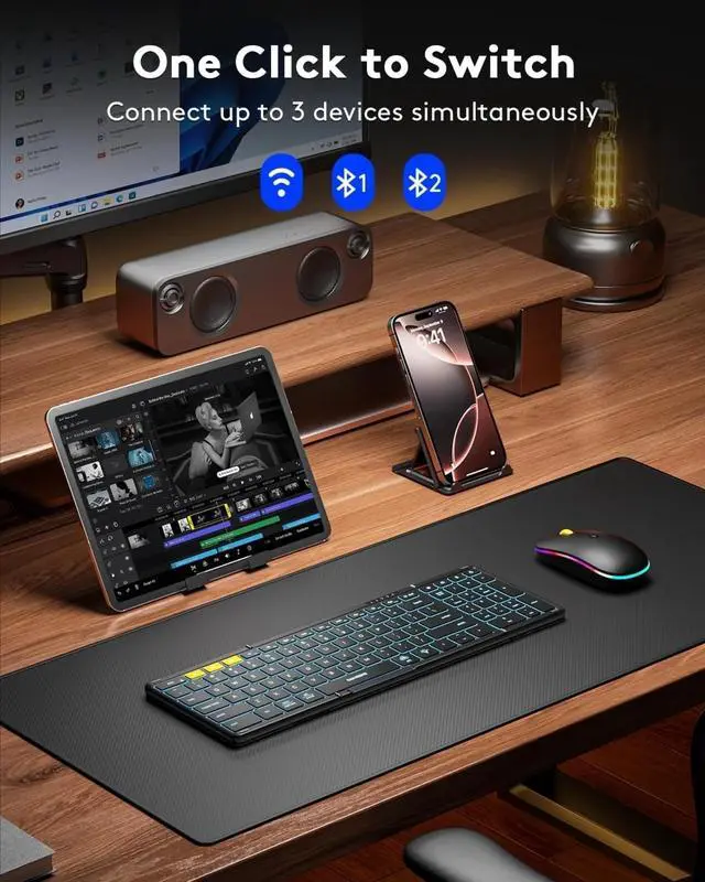 Alt view image 3 of 4 - Folding Bluetooth Keyboard Mouse Combo with Backlight, 2.4G + BT5.0 x 2, Full-Size Travel Keyboard & Portable Wireless Mouse for Windows/Android/iOS/Mac OS, Black