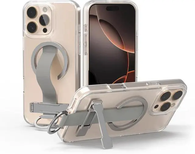 Main image of for iPhone 16 Pro Max Case 4-in-1 - Magnetic Clear Cover Adjustable Wrist Strap, Foldable Stand & Crossbody Lanyard