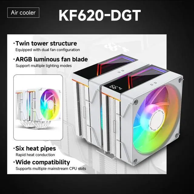 Alt view image 2 of 4 - KF620-DGT White CPU Air CoolerDual ARGB PWM Fans, 6 Heat Pipes, Digital Display Top Cover - High-Performance Cooling