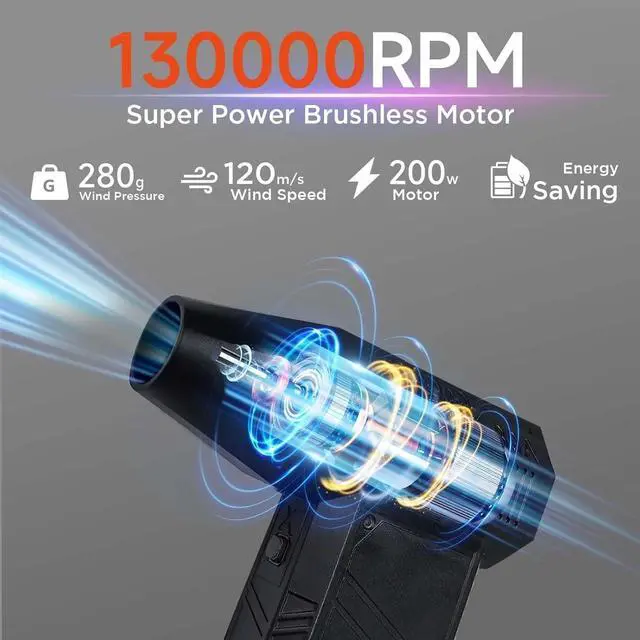 Alt view image 2 of 5 - Compressed Air Duster High-Speed Air Blower with 280G Wind Pressure, 3 Gears Wind Speed, Cordless Rechargeable Dust Cleaner with 5000mAh Battery