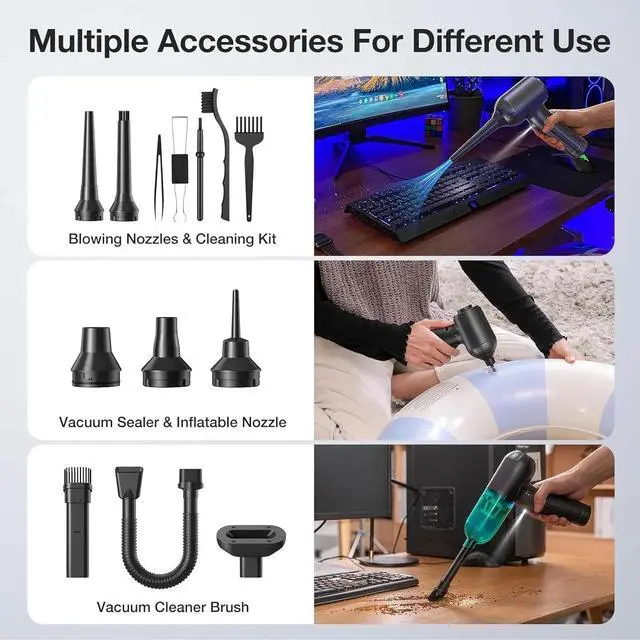 Alt view image 4 of 5 - Compressed Air Duster Electric, 4in1 Air Duster Vacuum/Mini Vacuum/Air Blower & Pump, 3 Gear Brushless Motor with LED Light for PC, Keyboard,