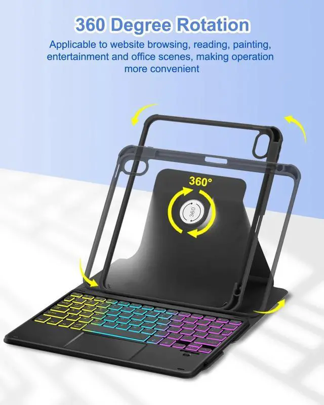 Alt view image 4 of 7 - Touchpad Keyboard Case for iPad (A16) 11th 10th Generation, 360 Rotation Cover with Pencil Holder Wireless Backlit Detachable Keypad