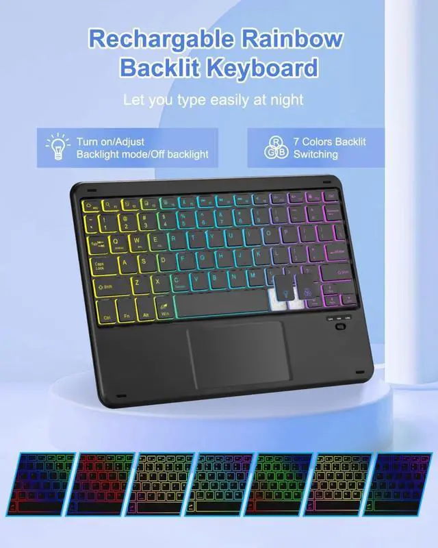 Alt view image 5 of 7 - Touchpad Keyboard Case for iPad (A16) 11th 10th Generation, 360 Rotation Cover with Pencil Holder Wireless Backlit Detachable Keypad
