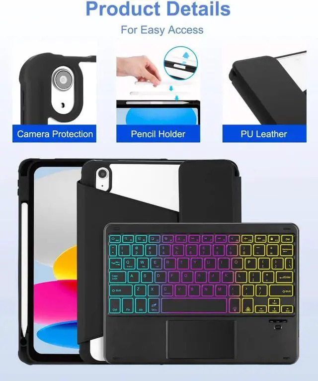 Alt view image 7 of 7 - Touchpad Keyboard Case for iPad (A16) 11th 10th Generation, 360 Rotation Cover with Pencil Holder Wireless Backlit Detachable Keypad