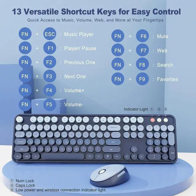 Alt view image 3 of 4 - Wireless Keyboard and Mouse Combo, Retro Typewriter Keyboard with Round Keycaps, Full-Size Ergonomic, Blue