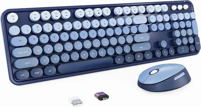 Main image of Wireless Keyboard and Mouse Combo, Retro Typewriter Keyboard with Round Keycaps, Full-Size Ergonomic, Blue
