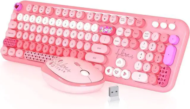 Main image of Wireless Keyboard and Mouse104 Round Keys Lovely Full-Size Cute Colorful Keyboard with for PC/Mac/Laptop/Tablet/Computer/Windows Pink